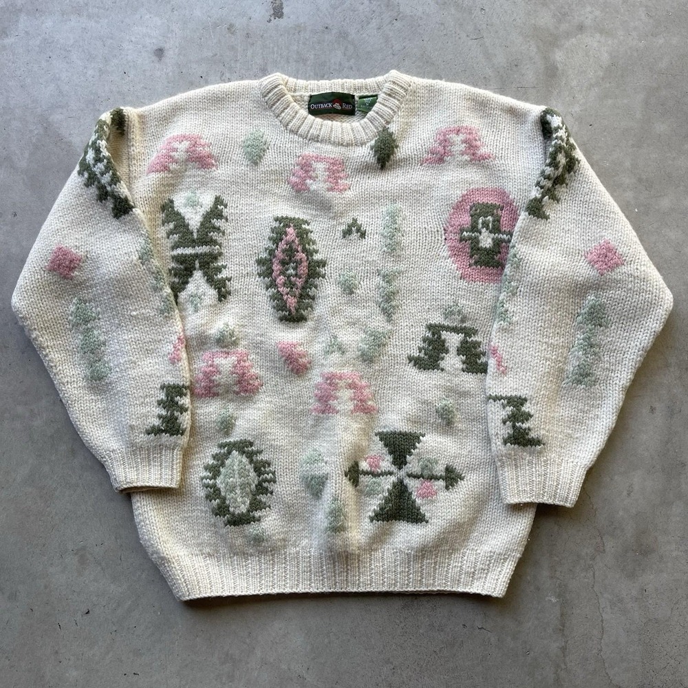 Vintage Outback Red‎ Wool Knit Sweater Aztec Coastal Ivory Pink Chunky Medium
